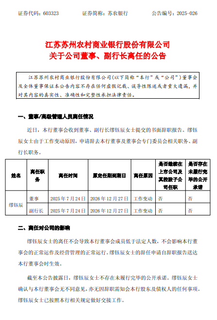 苏农银行：董事、副行长缪钰辰辞任