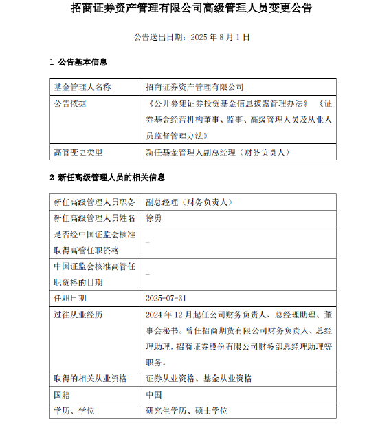 千亿元级招商资管最新人事变动！新任徐勇为副总经理