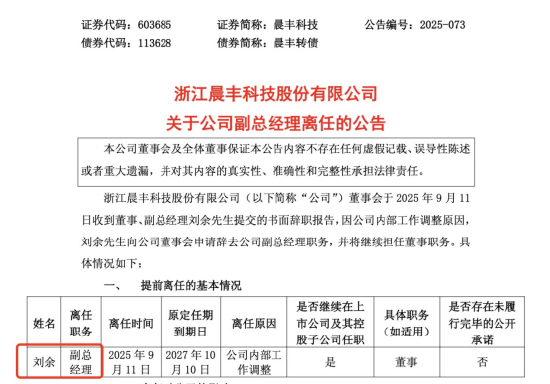 晨丰科技高管调整：刘余卸任副总经理，继续留任董事，薪酬64万居高管第二