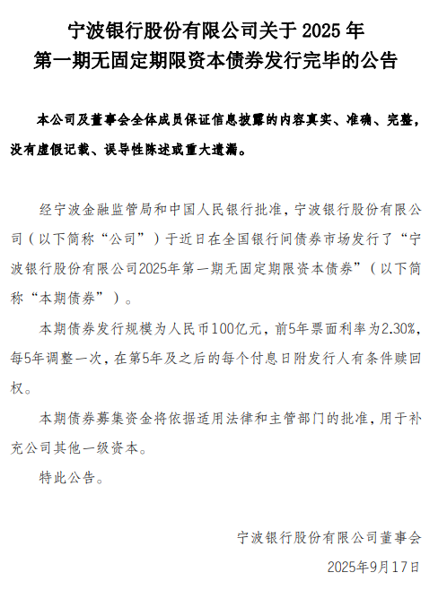 宁波银行：成功发行100亿元无固定期限资本债券