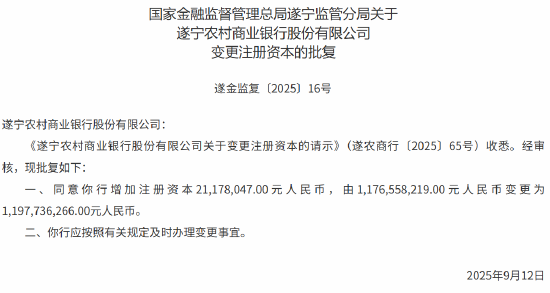 遂宁农商行获批增加注册资本至11.98亿元