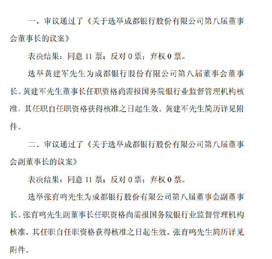 成都银行：选举黄建军为董事长、张育鸣为副董事长