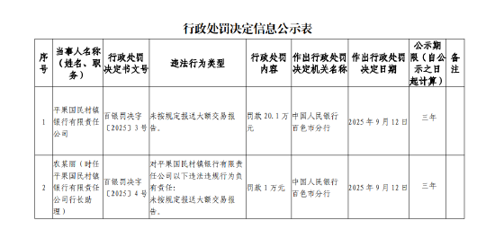 平果国民村镇银行被罚20.1万元：未按规定报送大额交易报告