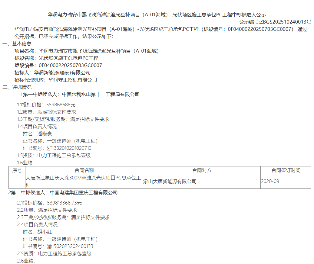 5.59亿!华润渔光互补项目PC工程中标候选人公示