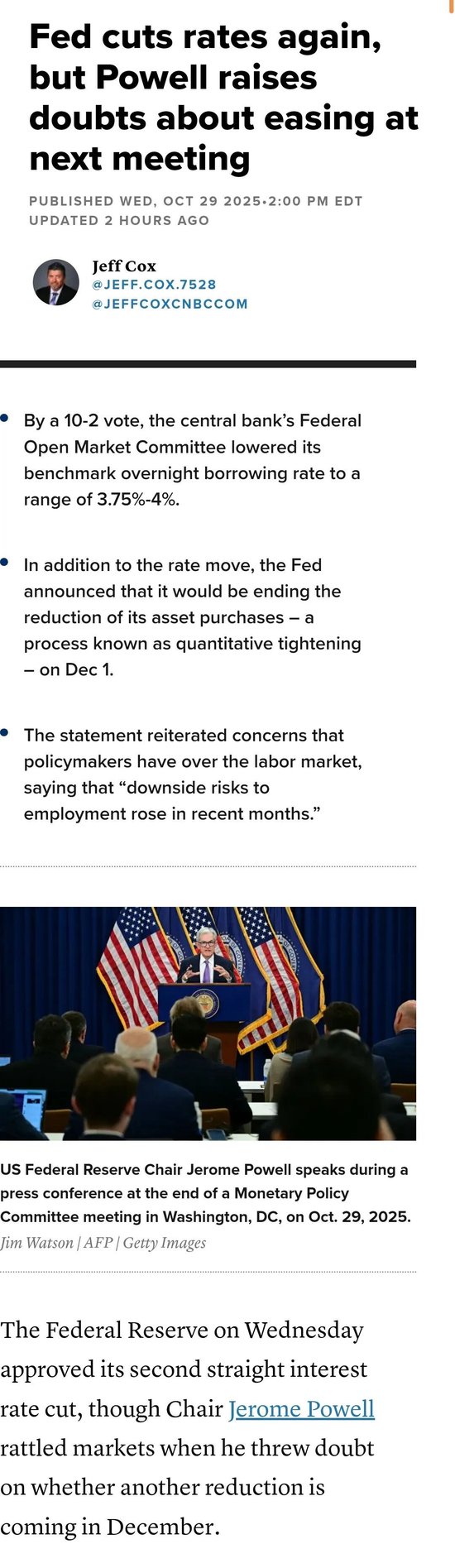 美联储再次降息,但鲍威尔对下次会议继续宽松表示怀疑 美联储再次降息,但鲍威尔对下次会议继续宽松表示怀疑