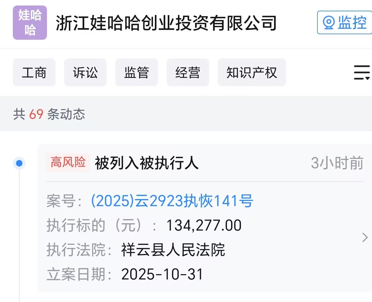 娃哈哈创投公司被恢复执行13.4万，此前因损害债权人利益被起诉